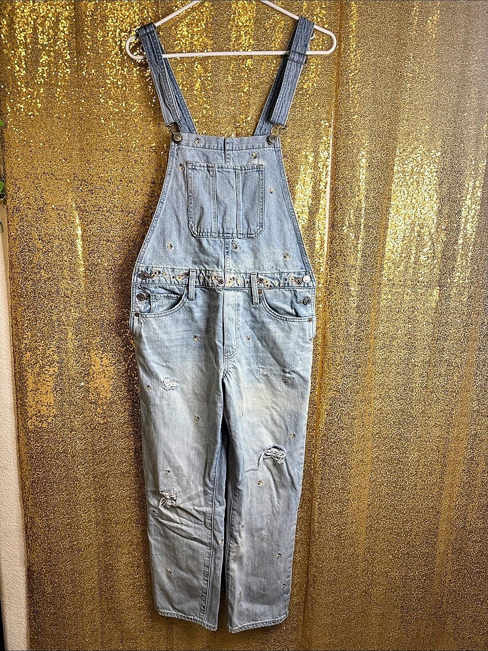 Lucky Brand Boyfriend Overall Floral Embroidered Denim